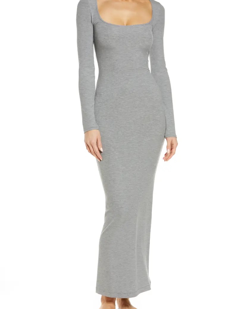 Skims Gray Long Sleeve Square Neck Maxi Dress